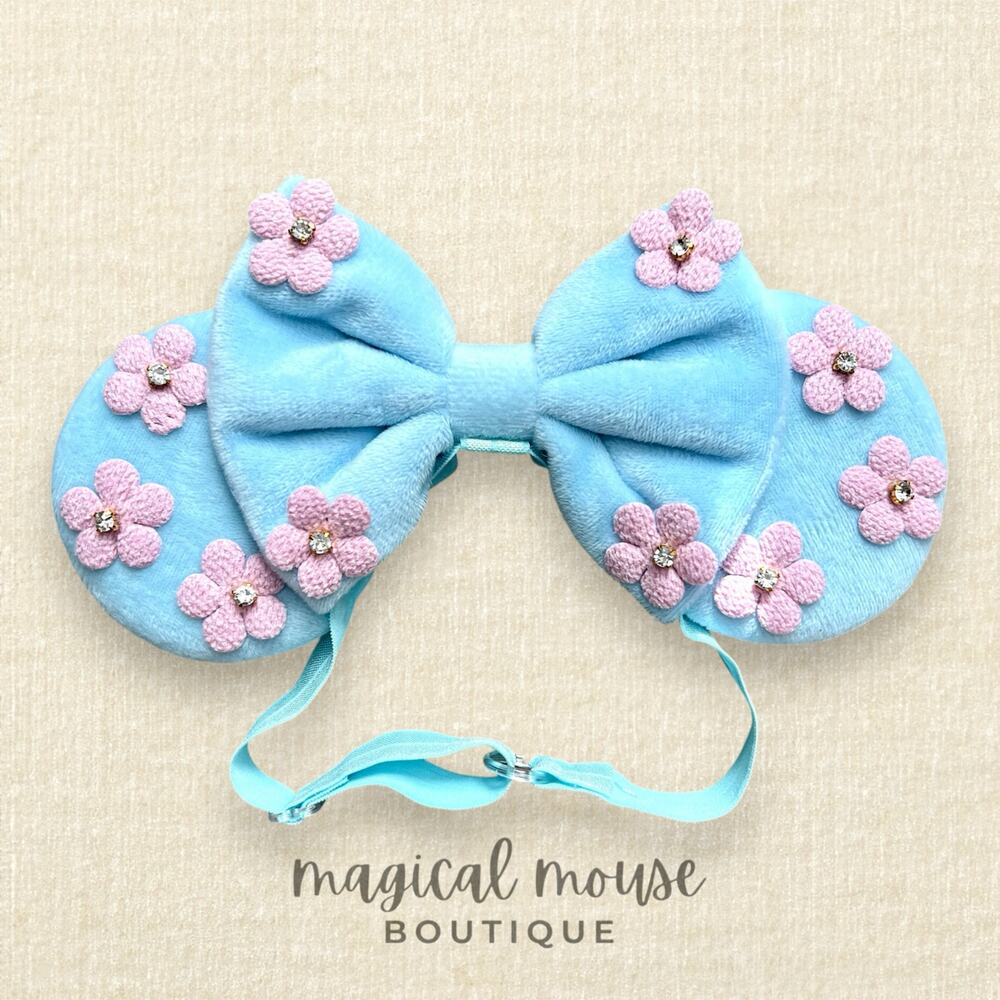 Elastic Pastel Blue Velvet Pink Floral Minnie Ears | Disney-Inspired Mouse Ears